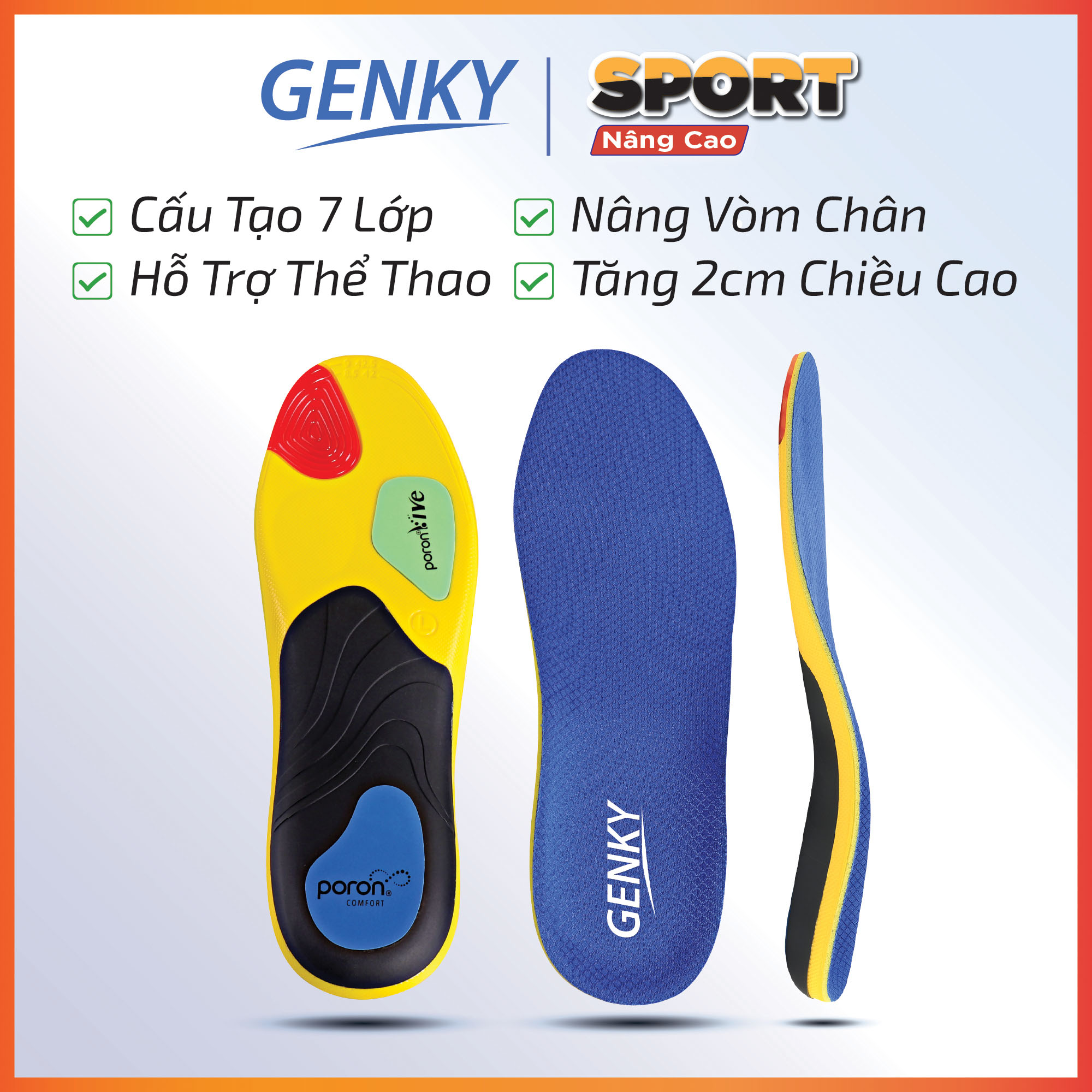 Lót giày thể thao nam nữ Genky Sport 7 lớp, tăng 2cm chiều cao, chống sốc, thấm mồ hôi và khử mùi, nâng vòm bàn chân