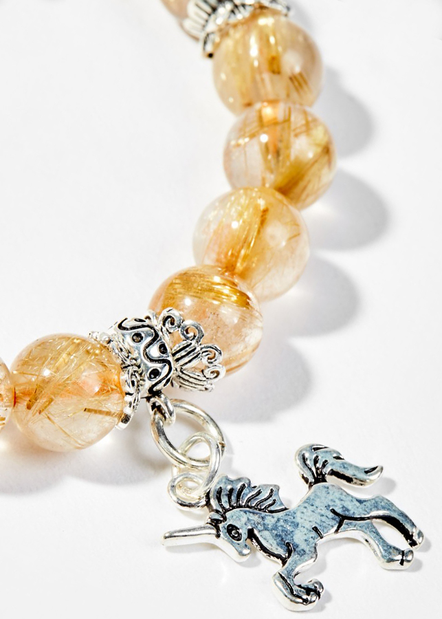 Vòng Tay Phong Thủy Nữ Đá Thạch Anh Tóc Vàng Phối Charm Tỳ Hưu & Kỳ Lân Bạc (8mm) Mệnh Thổ, Kim