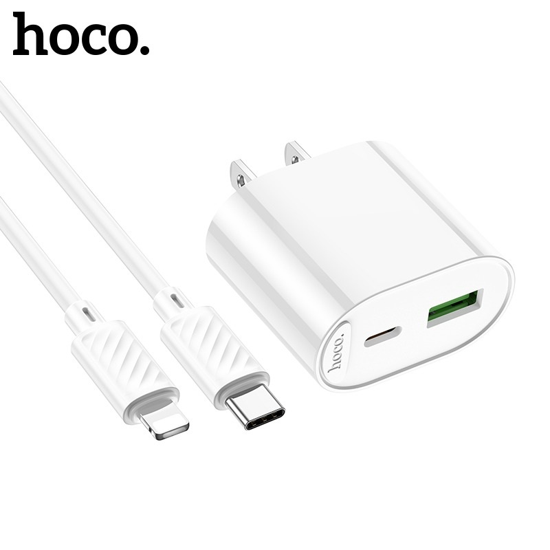 Bộ Sạc Nhanh Cho Iphone PD20W Hoco C80/C80A/C109 2 cổng Usb và Type-C kèm dây sạc Type-C sang iPhone 1M Sạc 0-50% Pin trong 30 phút - Hàng chính hãng