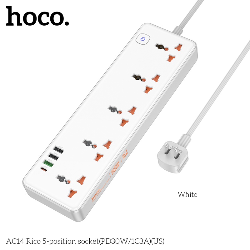 Ổ cắm điện cao cấp đa năng công suất cao 2500W, với 3 cổng USB và 1 cổng Type-c, 5 ổ cắm tiện lợi hỗ trợ sạc nhanh chống cháy, nổ AC14 - Hàng nhập khẩu (màu ngẫu nhiên)