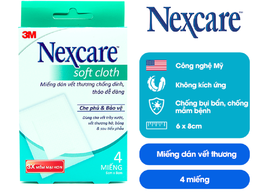 hộp 4 miếng dán vết thương chống dính, tháo dễ dàng 6x8 cm nexcare 3m 3m-b300 - che phủ và bảo vệ, dùng cho vết trầy xước, vết thương hở, vết bỏng 1