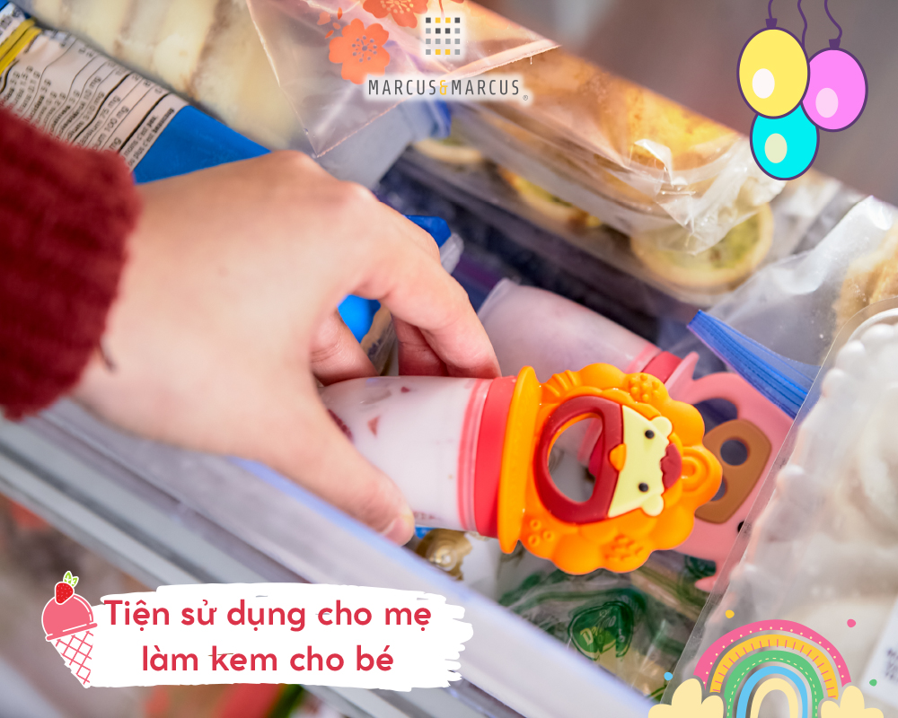 Túi nhai ăn dặm chống hóc silicon kèm gặm nướu và nắp làm kem cho bé Marcus & Marcus, từ 6 tháng - Marcus