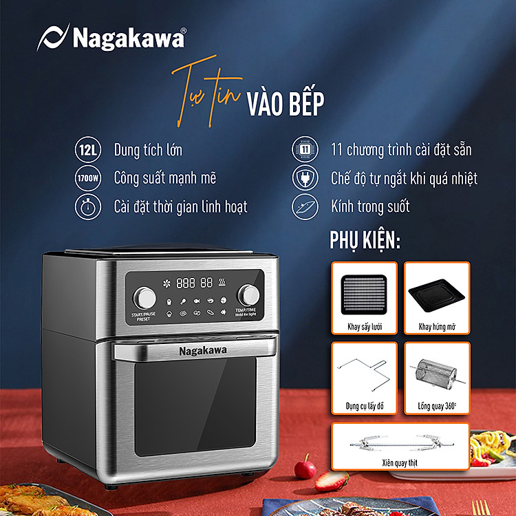 Nồi chiên không dầu Nagakawa NAG3304 (12L) - 11 chương trình nấu - Công nghệ Rapid Air 360 độ - Hàng chính hãng
