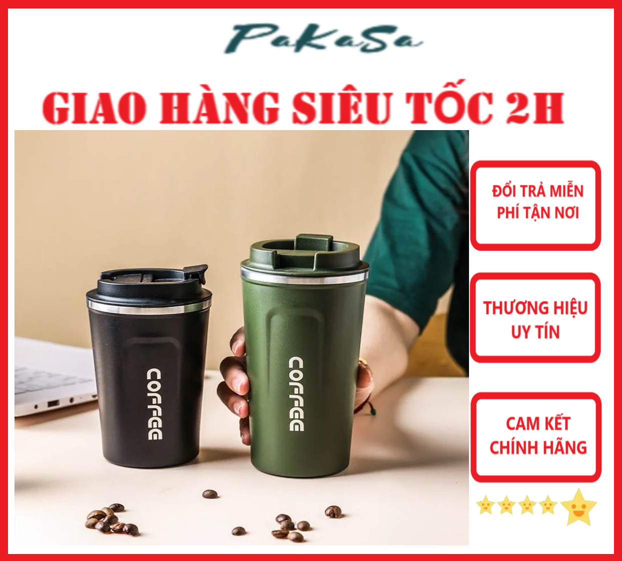Ly Giữ Nhiệt COFFEE Inox 304 Dung Tích 510ml Cao Cấp Kiểu Dáng Hàn Quốc Cầm Tay Sang Trọng - Chính Hãng 