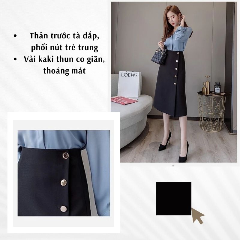 Chân Váy Công Sở New Design Dáng Chữ A Dài Qua Gối Hàng Thiết Kế Cao Cấp Chất Vải Tốt, Co Giãn Màu Đen CV0068