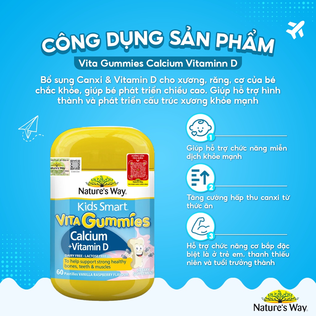 Canxi, Vitamin D cho trẻ 2-11 tuổi Vita Gummies Calcium Vitamin D Nature's 