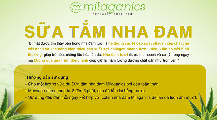 Combo Body Sáng Mịn Sạch Da Milaganics: Sữa Tắm Nha Đam Milaganics 280ml + Tẩy Da Chết Cà phê Milaganics 280g