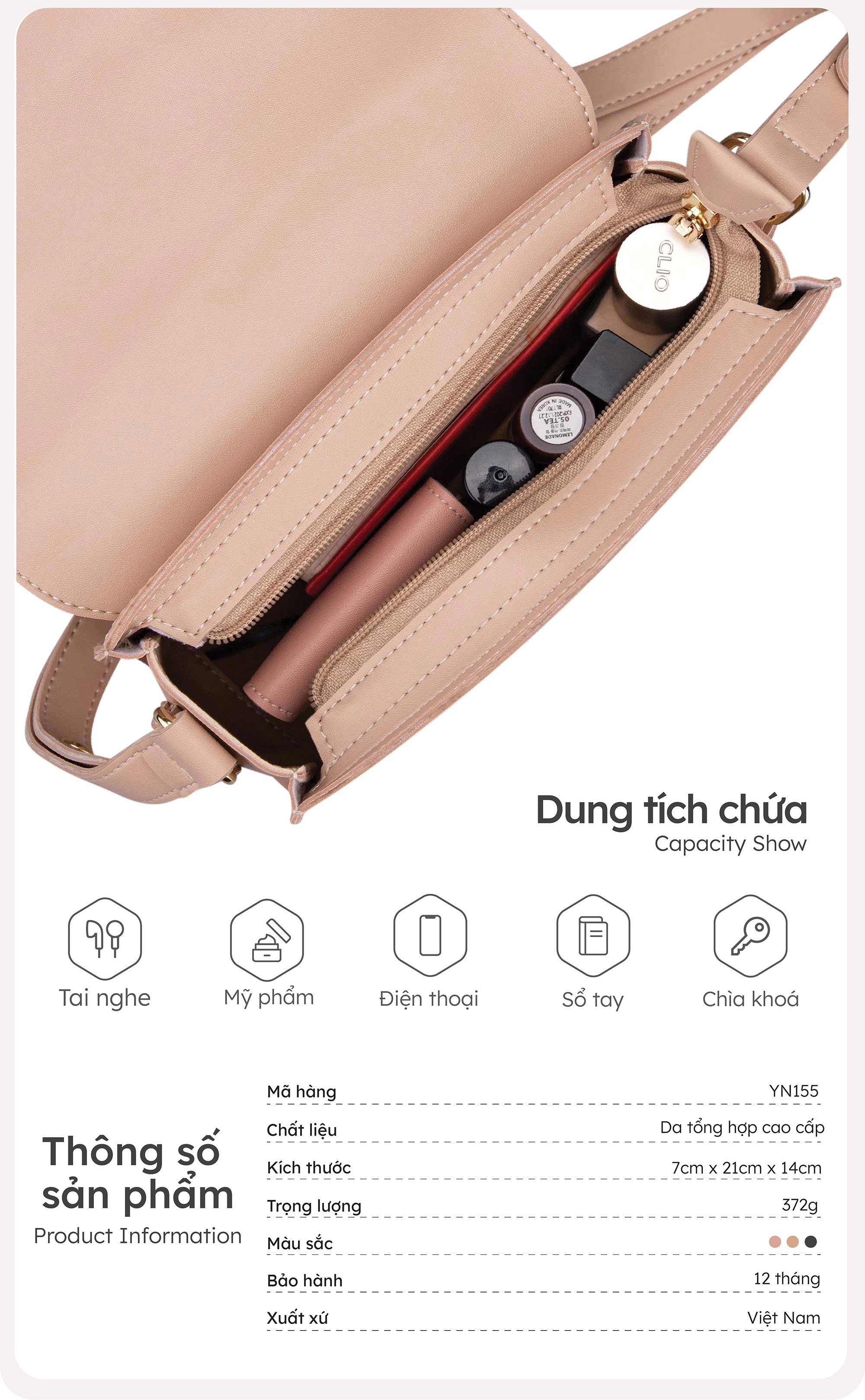 Túi Yuumy ( Thời trang nữ nắp gập dạng hộp size 21 - Túi đeo chéo da Seasand YN155 )