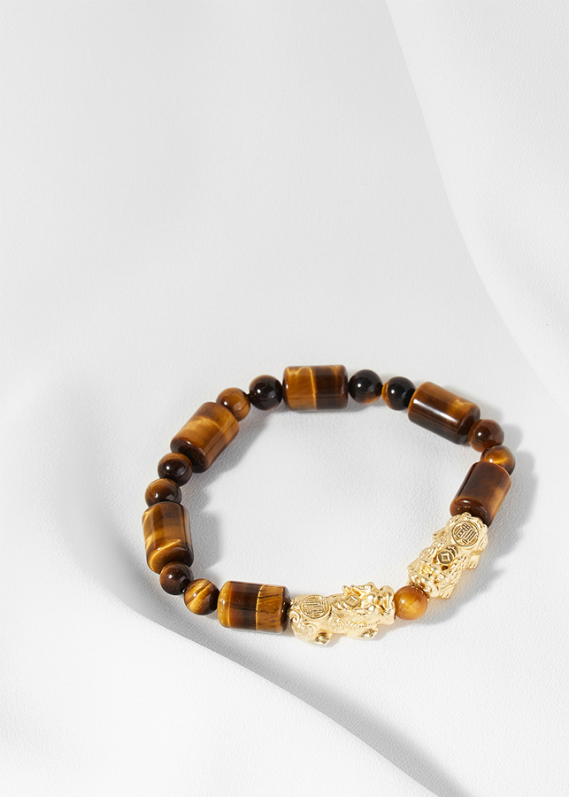 Vòng đá thạch anh mắt hổ phối 2 tỳ hưu bạc mạ vàng 24K Ngọc Quý Gemstones