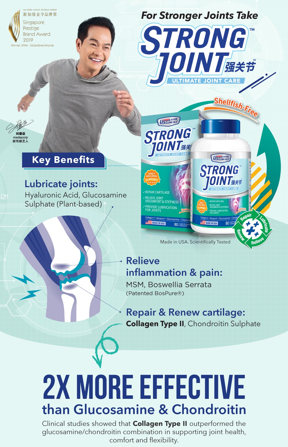 Viên Uống Bổ Sung Glucosamine Gấp Đôi, Cải Thiện Sụn, Khớp Giảm Nhức Mỏi Triệt Để US Clinicals StrongJoint Từ Mỹ - 80 Viên
