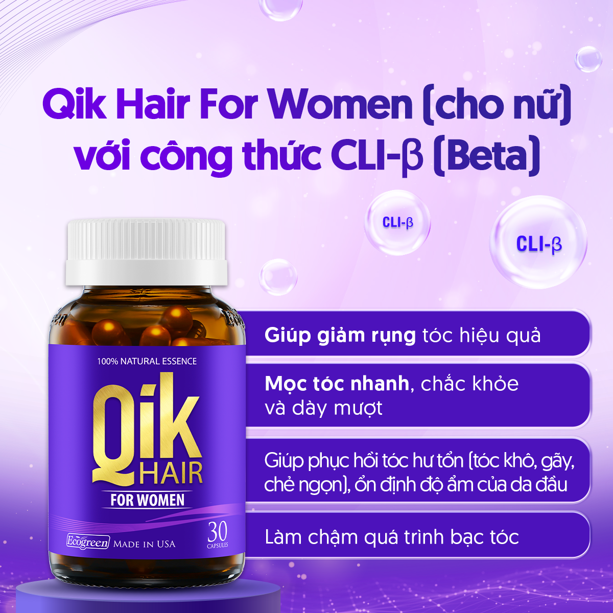 [Hộp 30v] Viên Uống Kích Thích Mọc Tóc Qik Hair For Women Ecogreen Giảm Rụng Tóc Cho Nữ