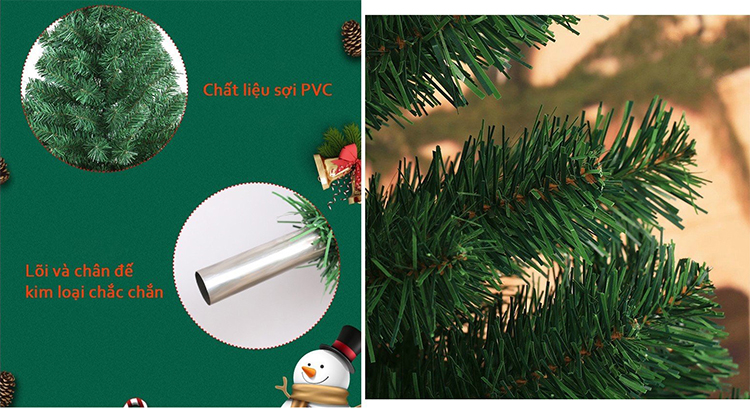 Cây thông Noel loại đẹp tán rộng, lá xanh dày, đế chân sắt chắc chắn công nghệ Hàn Quốc tặng kèm bộ phụ kiện trang trí