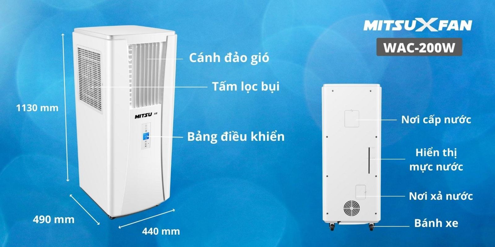 Máy Lạnh Di Động Hơi Nước Cao Cấp MITSUXFAN WAC-200W, WAC-200G Có Khả Năng Diệt Virus Corona, Inverter Tiết Kiệm Điện, Không cần ống xả khí nóng - Hàng Chính Hãng