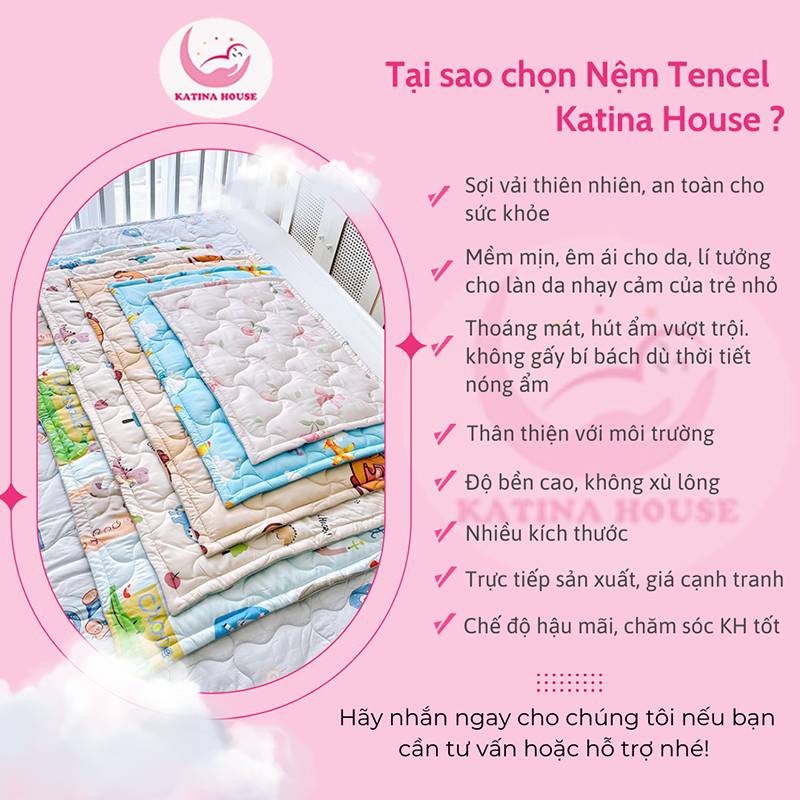 Nệm cho bé đi học tiểu học, trung học Katina House, vải tencel mềm mịn mát, nệm chống thấm