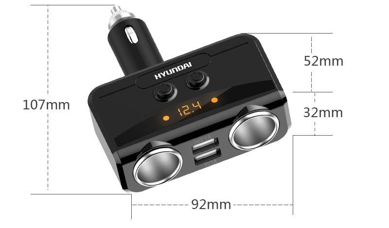 Cốc Sạc Xe Hơi Huyndai HY-32 2 Cổng Sạc Nhanh Và Lỗ Cắm Tẩu Thuốc - Hàng Chính Hãng