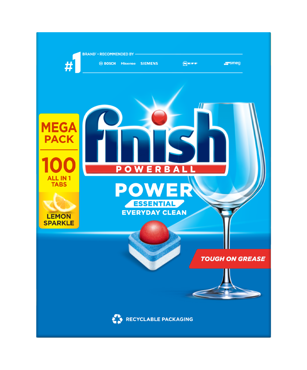 Viên Rửa Chén Bát Hương Chanh Finish Powerball Power Essential Lemon Sparkle - Túi 100 viên siêu tiết kiệm