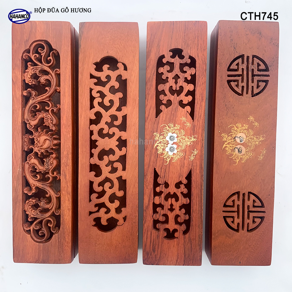 Hộp đựng đũa gỗ hương đỏ - đục khắc tinh tế (CTH745) Sang trọng - Đựng đũa sang trọng làm quà tặng