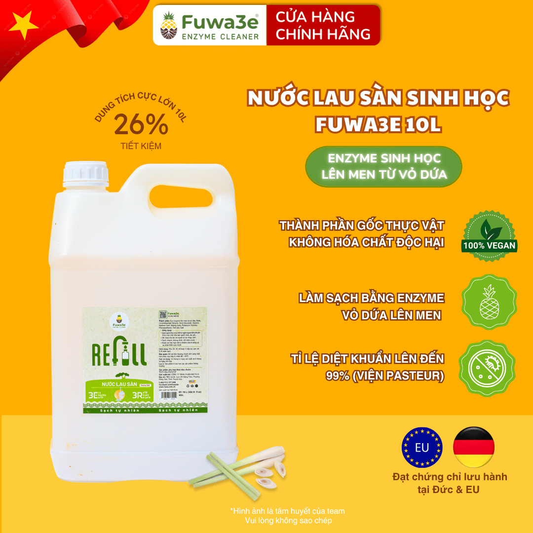 [Can 10L tiết kiệm] Nước lau sàn hữu cơ enzyme sinh học từ vỏ dứa Fuwa3e - hương SẢ CHANH