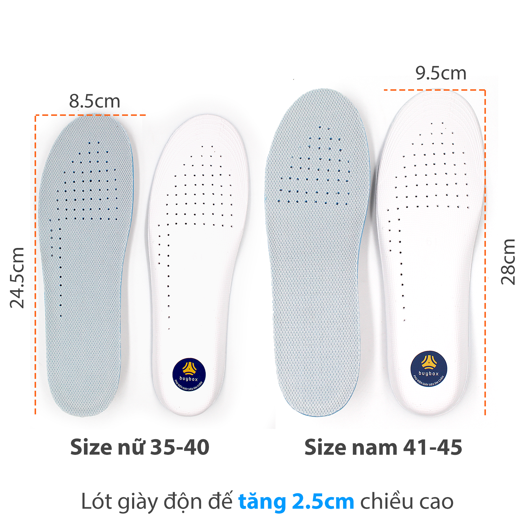 Lót giày độn đế tăng chiều cao buybox tăng 1.5cm, 2.5cm, 3.5cm
