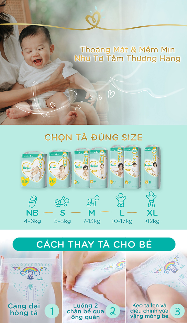 Tã Dán Pampers Nội Địa Thượng Hạng Nhật Bản NB70/S64/M52/L42 - NB (70 miếng)