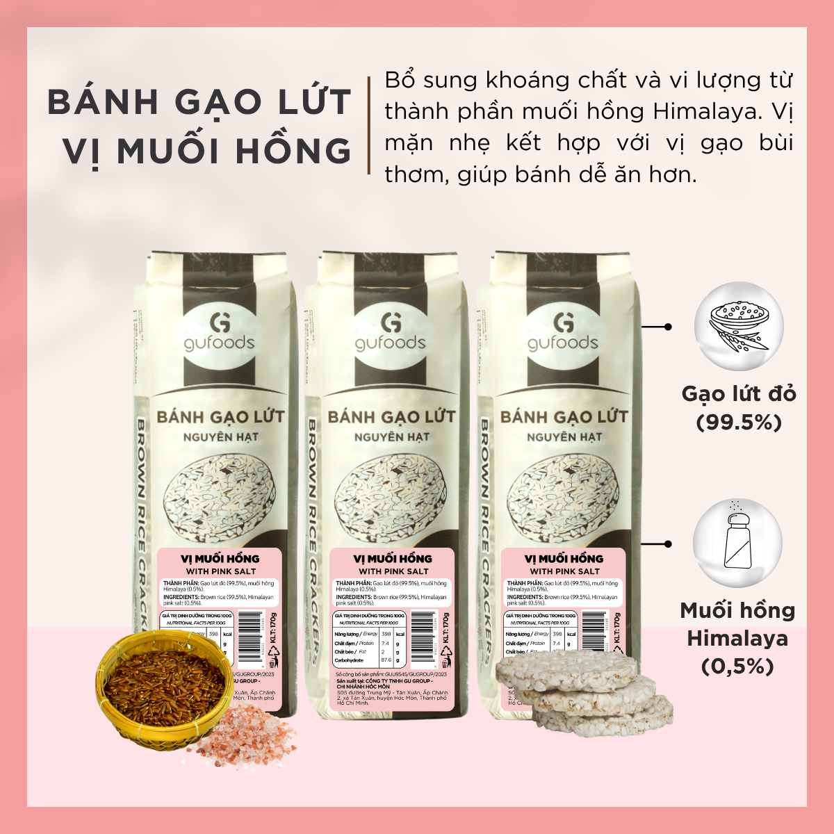 Bánh gạo lứt GUfoods (510g) - Không chiên dầu, Không đường, Từ gạo và ngũ cốc nguyên hạt, Lành mạnh, Phù hợp Eat clean, Ăn vặt healthy, Thực dưỡng, Tập gym, Thuần chay, Đa dạng hương vị