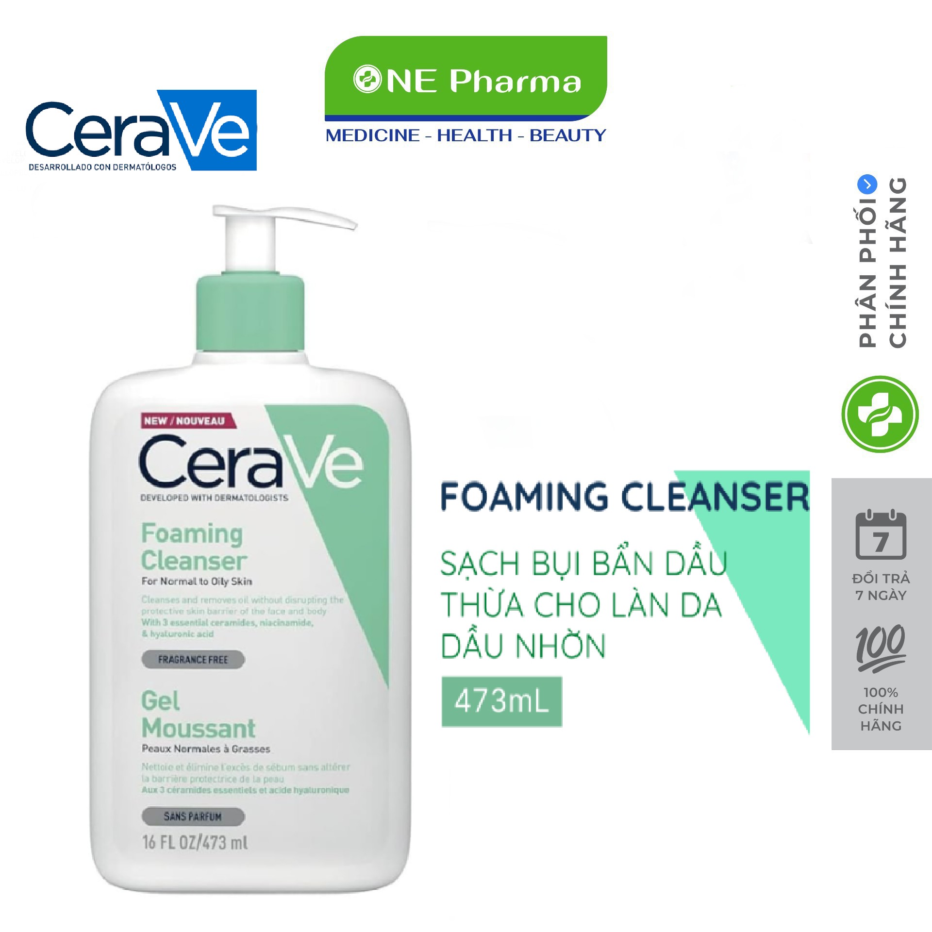 Sữa rửa mặt CeraVe dành cho da thường và da dầu CeraVe Foaming Facial Cleanser 473ml