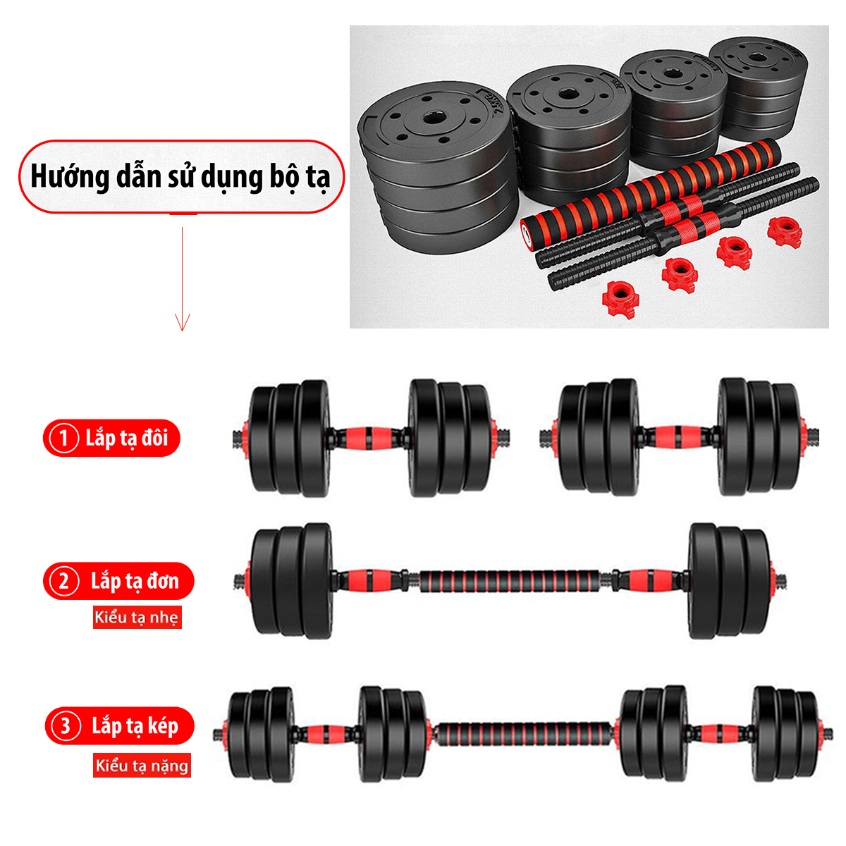Bộ Tạ Tập Gym Tại Nhà 40kg - Bộ Tạ Tay Đa Năng Điều Chỉnh Cân Nặng - Kết Hợp Tạ Tay, Tạ Đẩy, Tạ Đòn - Phân loại (40kg) - Hàng Chính Hãng