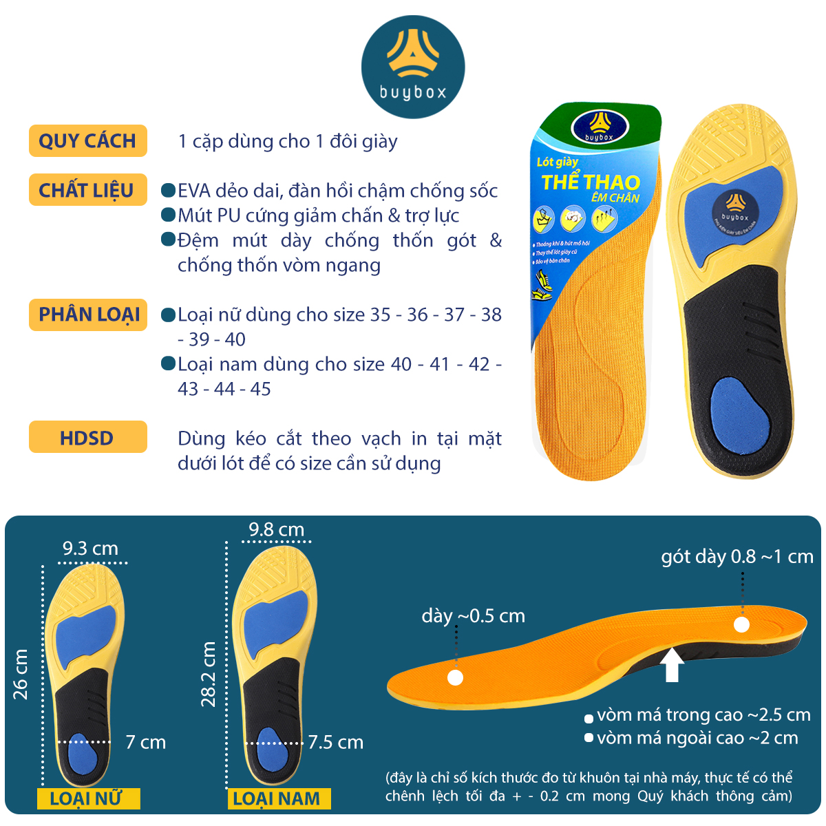 thông tin chi tiết của Lót giày thể thao EVA 4D ốp mút PU cứng giảm chấn vòm ngang và chống thốn gót - buybox - BBPK180