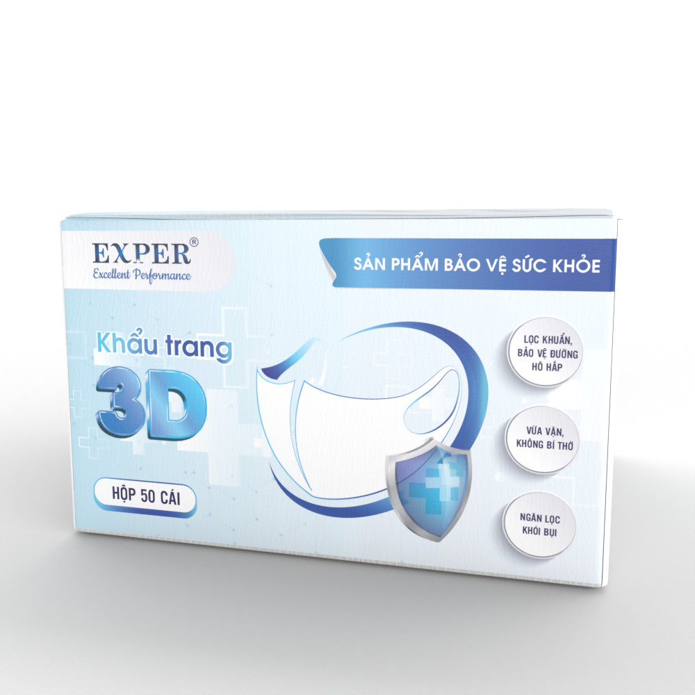 Khẩu Trang Kháng Khuẩn 3D EXPER hộp 50 cái - Sản phẩm khẩu trang 3D cao cấp tai vải công nghệ Nhật giúp đeo êm ái và không đau tai 1