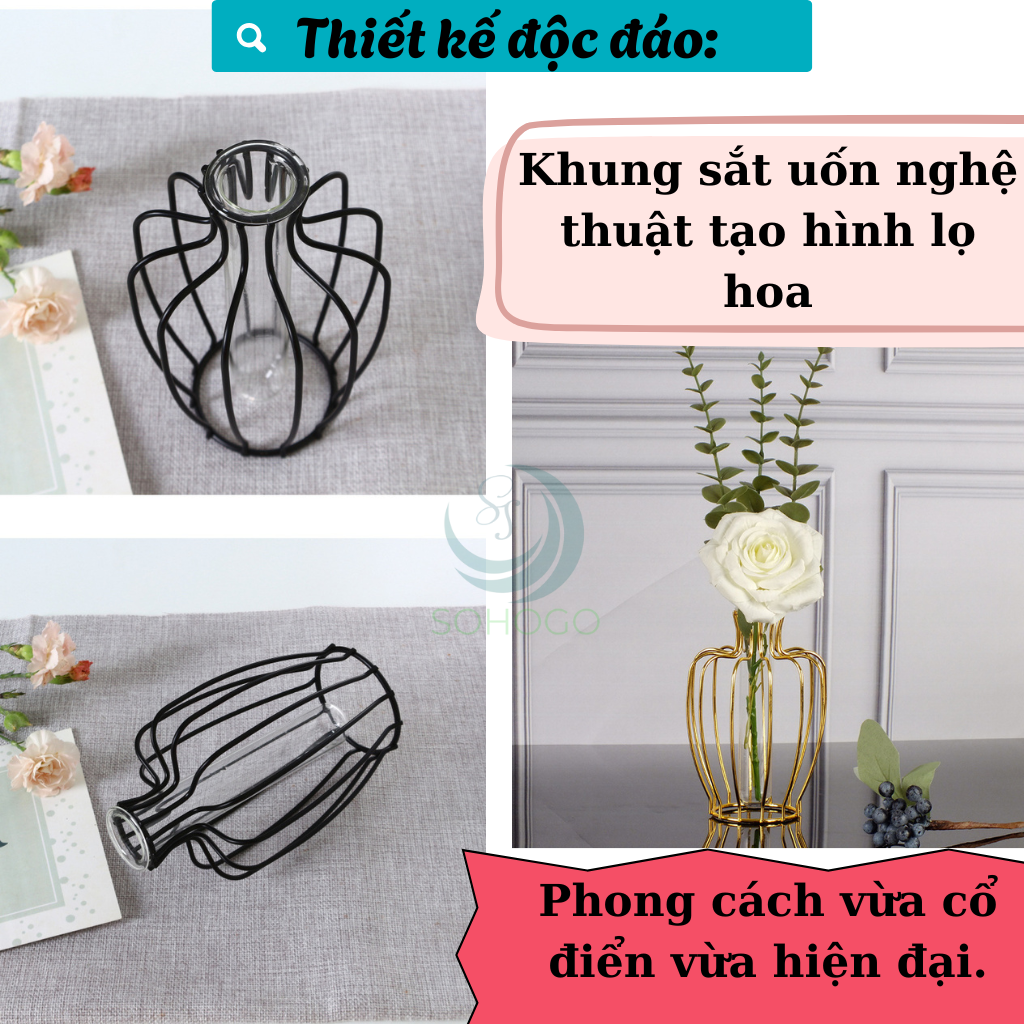 Lọ Hoa Nghệ Thuật Khung Sắt Kèm Ống Thủy Tinh- Bình Hoa Trang Trí Khung Kim Loại Hiện Đại- Lọ Hoa Phong Cách Bắc Âu – Khung Sắt & Ống Thủy Tinh- Chân Đế Lọ Hoa Sáng Tạo Decor Nhà Cửa- Bình Hoa Mini Trang Trí Bàn Làm Việc/Phòng Khách