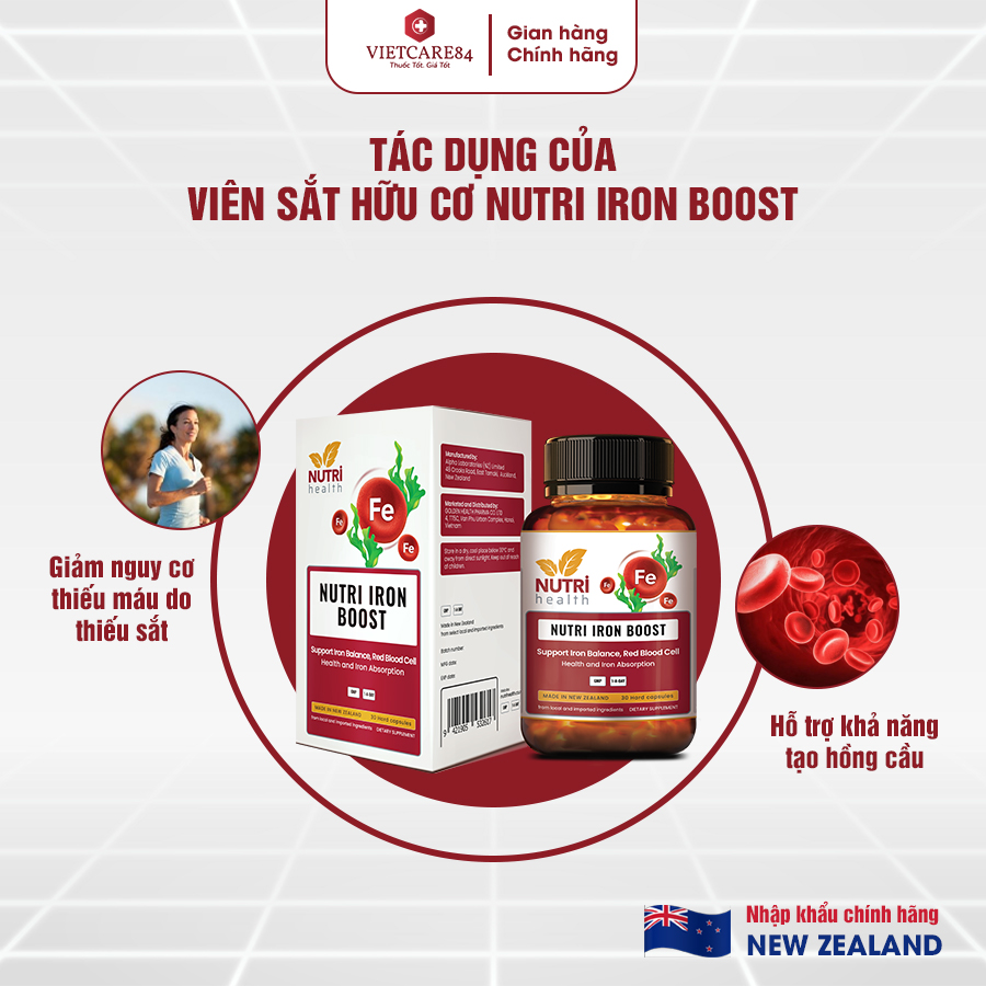 [Tặng Folic Acid] Viên Sắt Hữu Cơ New Zealand Nutri Iron Boost 30 Viên | Giúp Bổ Sung Sắt, Acid Folic Cho Cơ Thể - Nhập Khẩu Chính Hãng