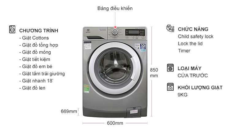 Máy giặt Electrolux Inverter 8 kg EWF12853S - Hàng Chính Hãng