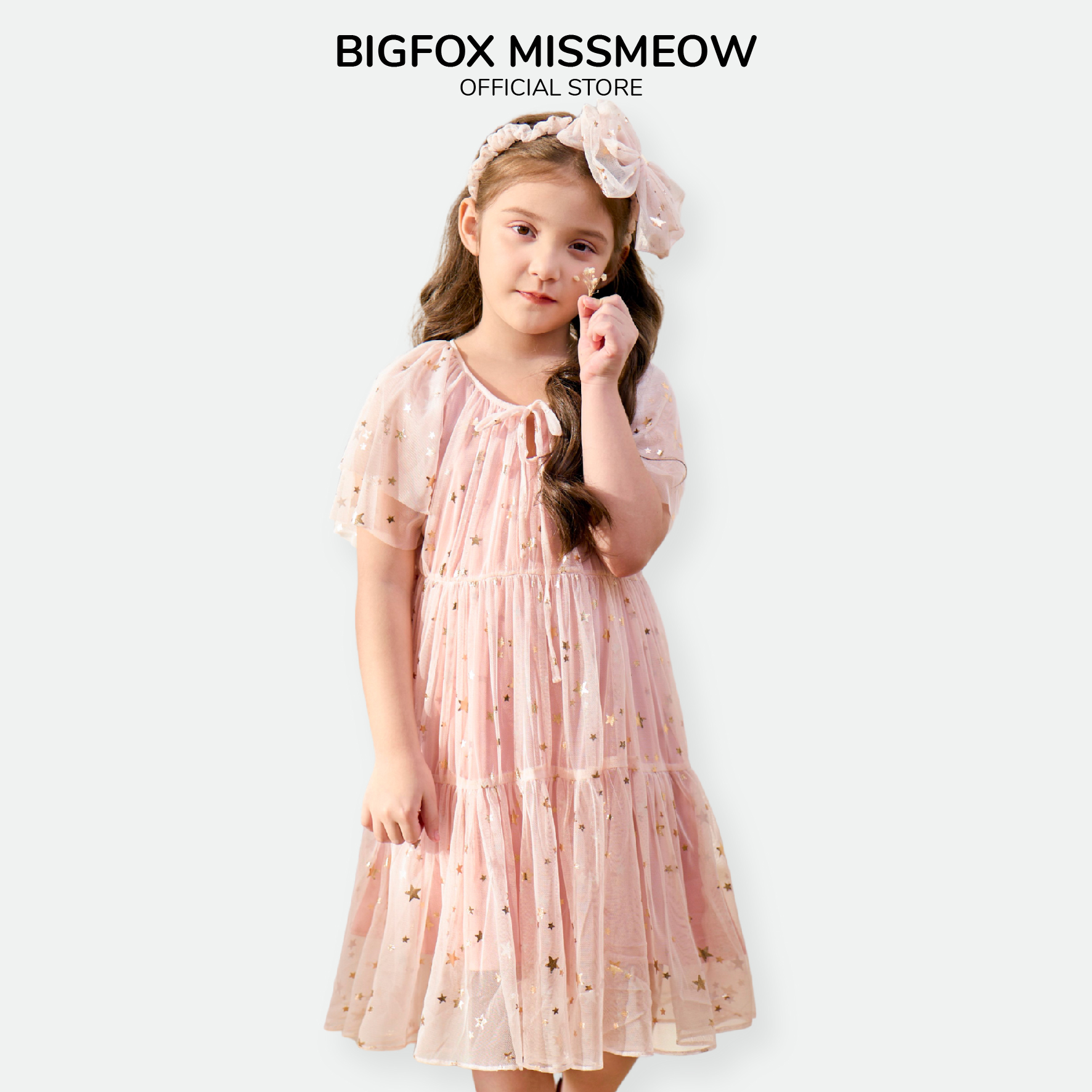 Đầm tiểu thư dự tiệc cho bé gái Bigfox Miss Meow, váy công chúa size đại ren lưới hồng mùa hè 7,9,11 tuổi 30kg