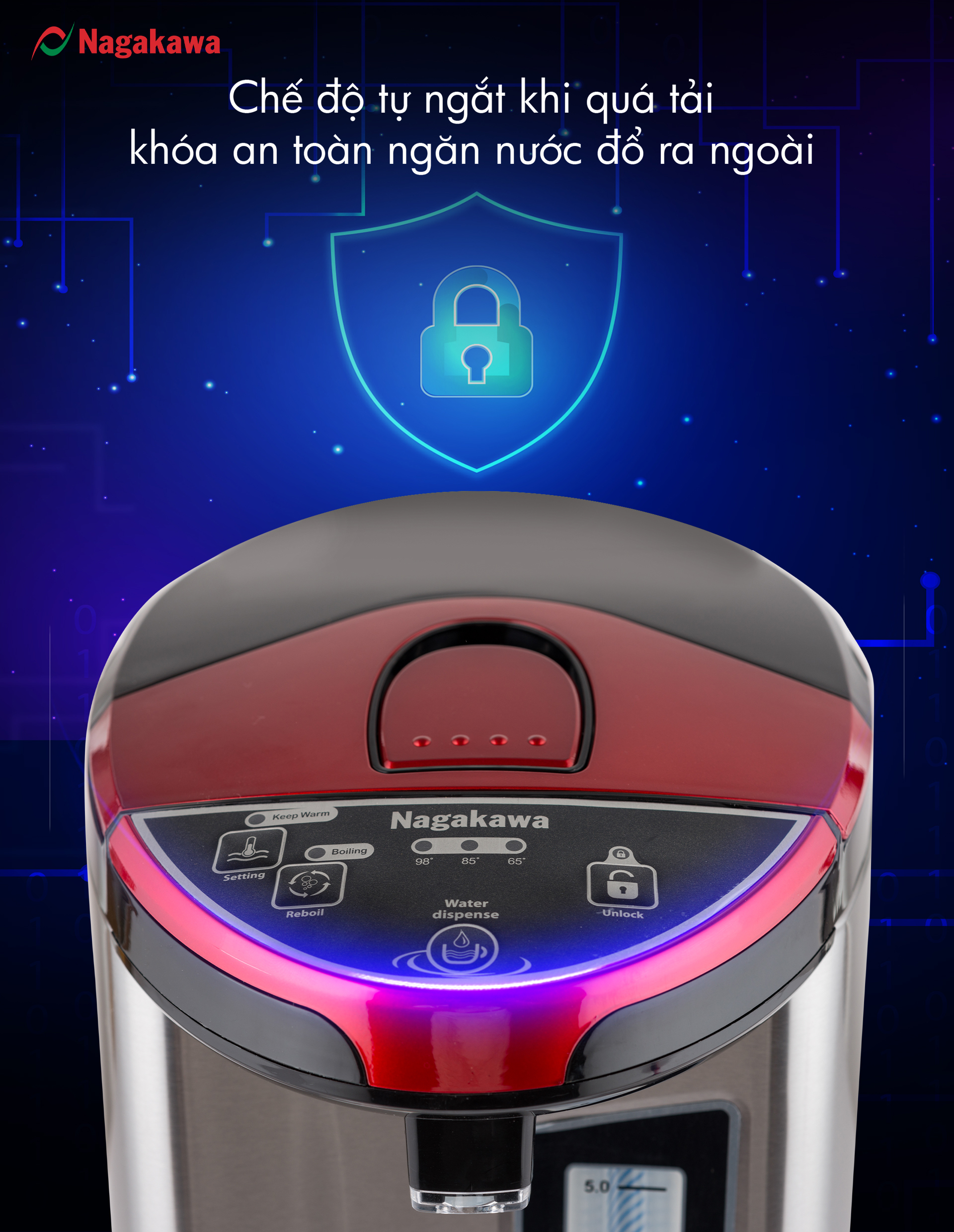 Bình Thủy Điện 3 Mức Nhiệt Nagakawa NAG0405 (5.0 Lít) - Hàng Chính Hãng