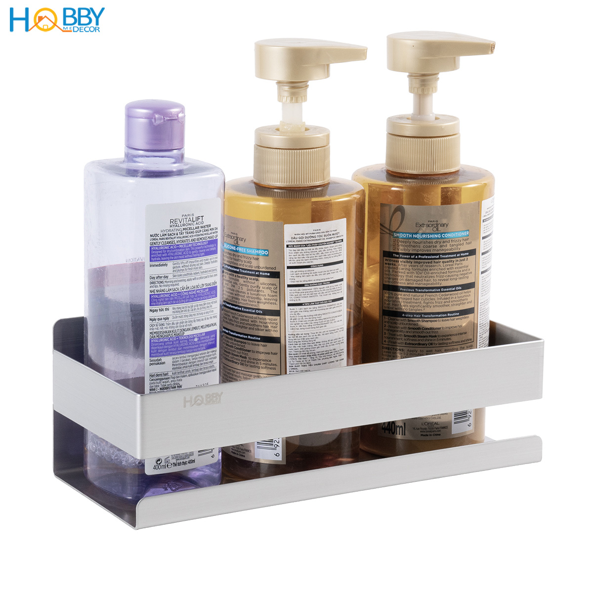 Kệ đựng đồ phòng tắm inox 304 xước dán tường Hobby home decor KCNX có keo dán