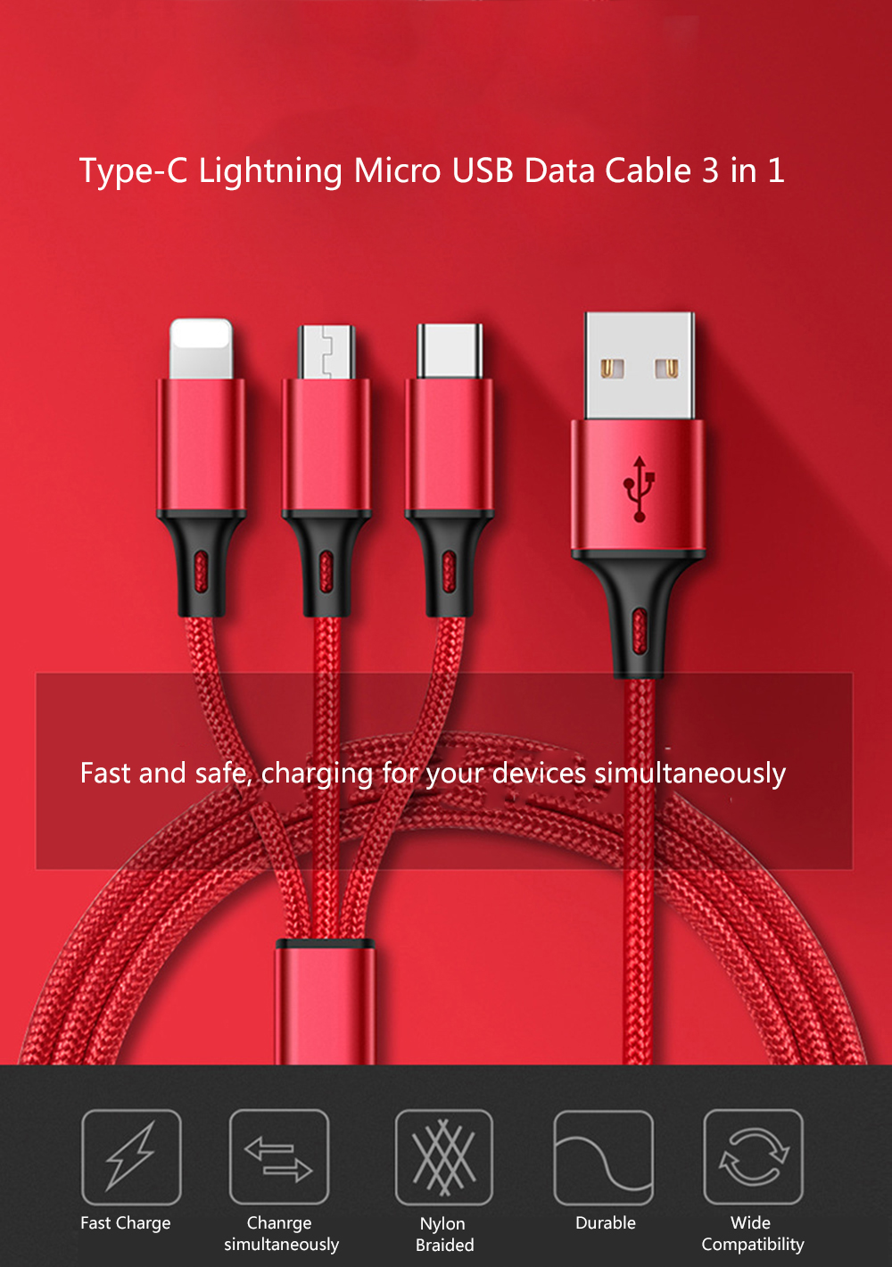 Cáp Sạc USB Type-C 3 Trong 1 Hỗ Trợ Sạc Nhanh