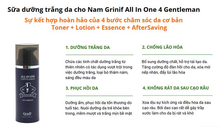 Sữa Dưỡng Trắng Da 4 Trong 1 Cho Quý Ông Grinif All In One 4 Gentleman (120ml)