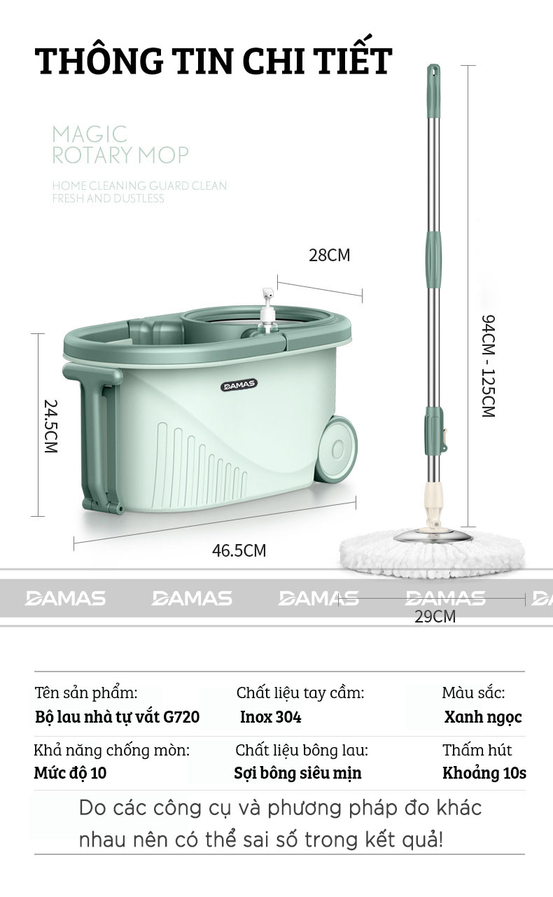 Bộ Cây Lau Nhà Tự Vắt Thông Minh Damas G720 - Chổi Lau Xoay 360 Độ, Giặt Sạch Vắt Khô Nhanh Chóng - Thiết Kế Nâng Cấp Bổ Sung Tay Kéo Giúp Di Chuyển Dễ Dàng - Chất Liệu Nhựa PP Cao Cấp Chống Mài Mòn Gia Tăng Thời Gian Sử Dụng - Hàng Chính Hãng