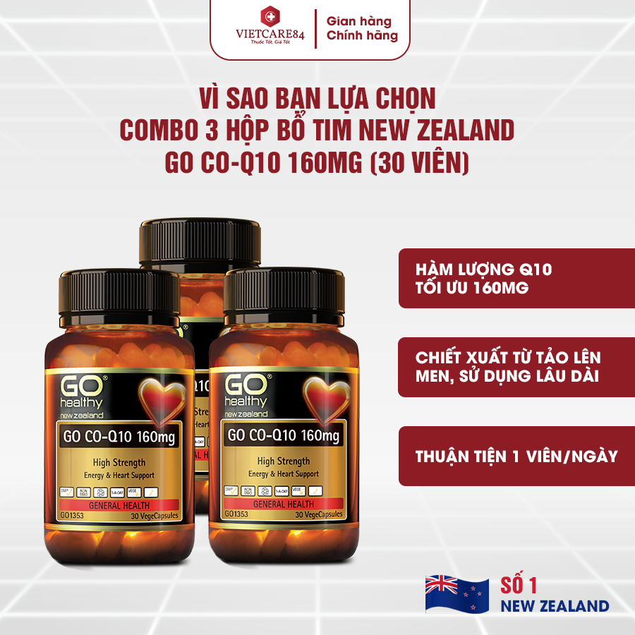 Bộ Sản Phẩm 3 Hộp Viên Uống Bổ Tim New Zealand Go Co Q10 160mg 30 Viên | Giảm Lão Hóa Tim Mạch; Giúp Cơ Thể Khỏe Mạnh - Nhập Khẩu Chính Hãng