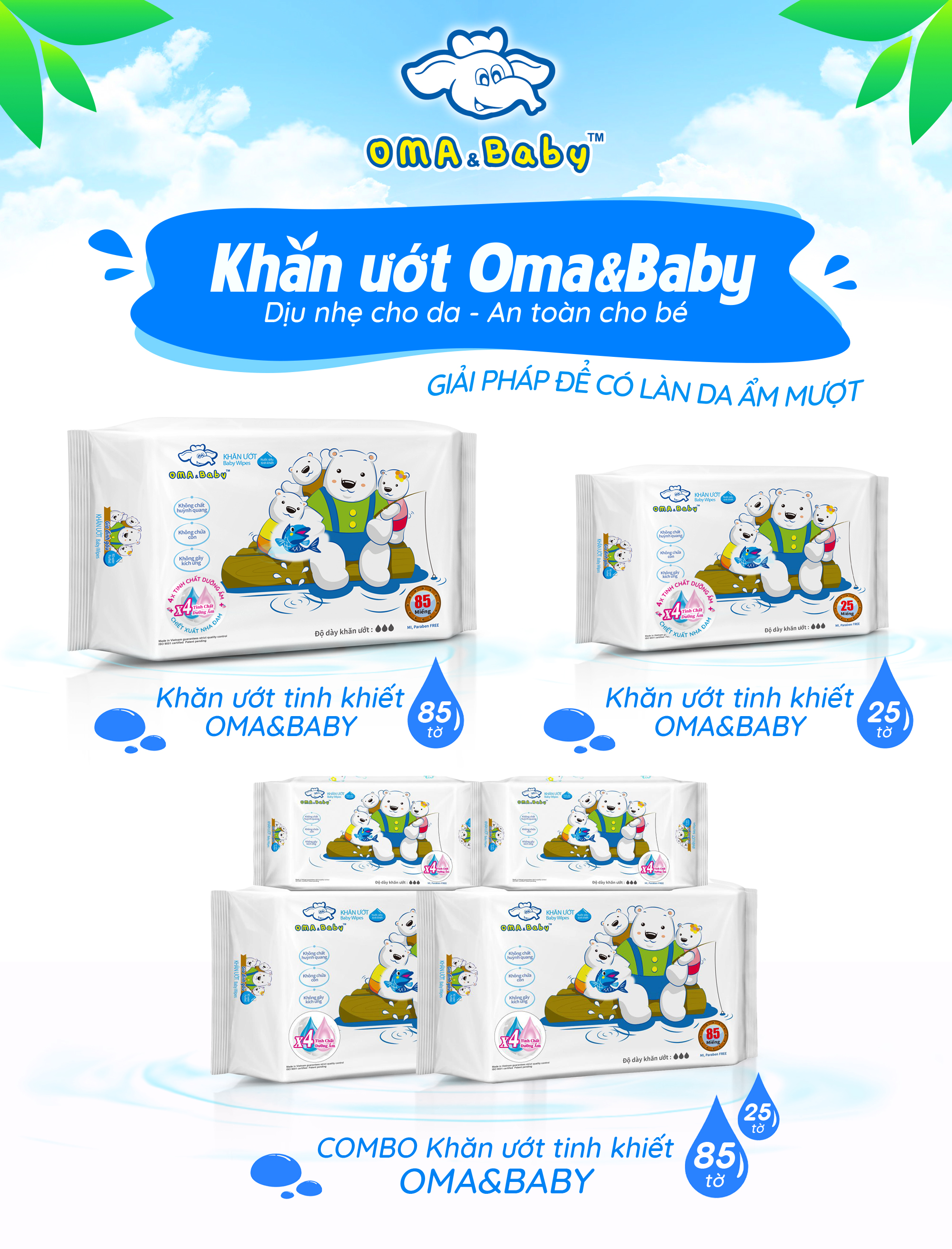 Combo ( 2+ 2) 2 gói 85 tờ + 2 gói 25Khăn ướt làm sạch tinh khiết dành cho bé Oma&Baby với công thức Chlorhexidine Digluconate kháng khuẩn an toàn, dịu nhẹ trong khăn - Combo (2+2) packages of Oma&Baby premium baby wet wipes ( 85 sheets per package 2 + 2 4