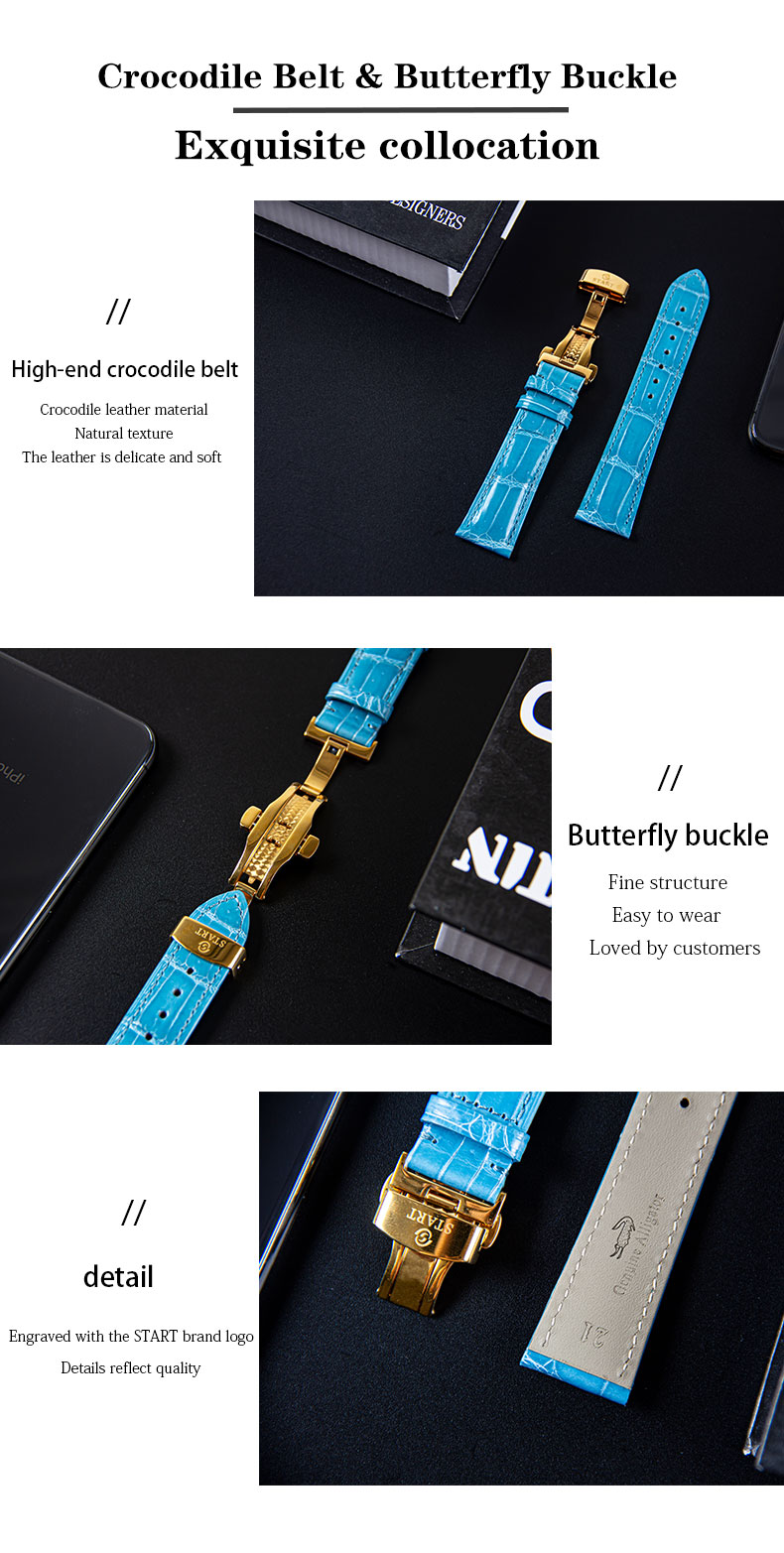 【START】Đồng hồ nam đá ngọc lam tự nhiên（Turquoise）đồng hồ kim cương chức năng hiển thị thứ ngày  đồng hồ cơ tự động dây da cá sấu Khóa bướm