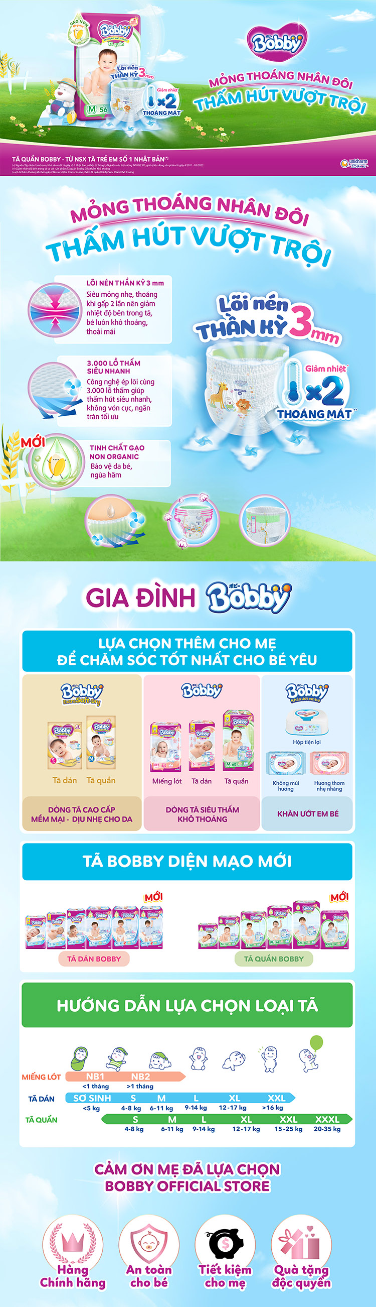 [MỚI] Tã/bỉm quần Bobby 3mm Gạo non