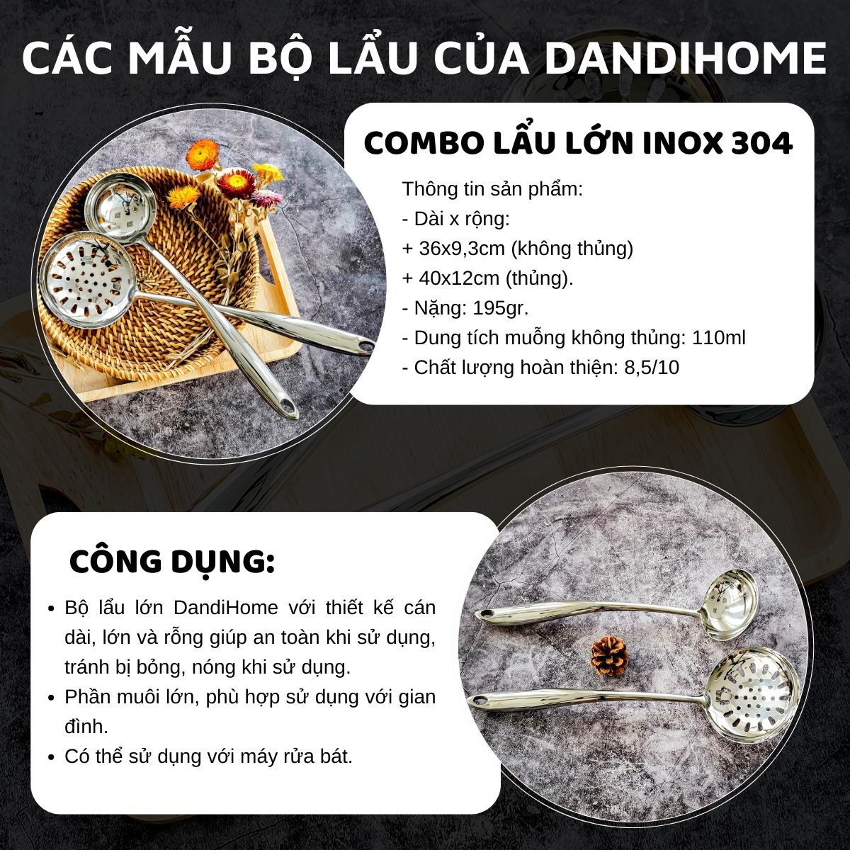 Combo các loại muỗng lẩu DandiHome inox cao cấp, sáng bóng