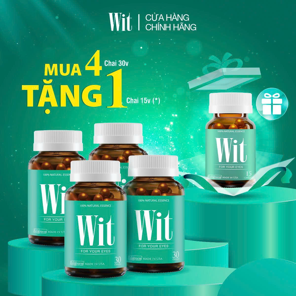 [Tặng Hộp 15v] Combo 4 Hộp 30v - Viên Uống Bổ Mắt WIT Ecogreen Giảm Mỏi Mắt, Tăng Cường Thị Lực Mắt Cho Bé & Người Lớn