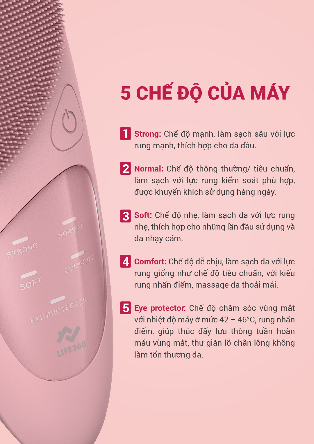 Máy Rửa Mặt Silicone Siêu Mềm Life360 LE-MRM22 với 5 Chế Độ Rửa Mặt Sạch Sâu, Massage và Chườm nóng vùng mắt - Đỏ