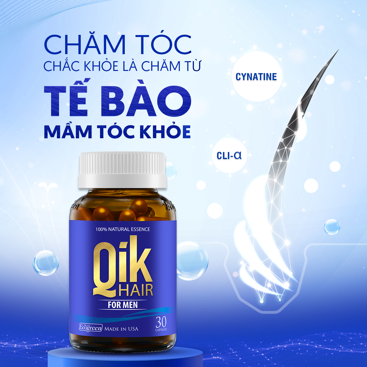 [Hộp 30v] Viên Uống Kích Thích Mọc Tóc Qik Hair For Men Ecogreen Giảm Rụng Tóc Cho Nam