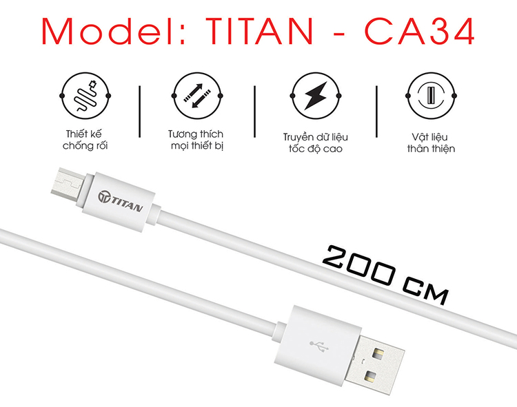 Dây Cáp Sạc Nhanh Chân Micro 2.4A TITAN - CA34 2m