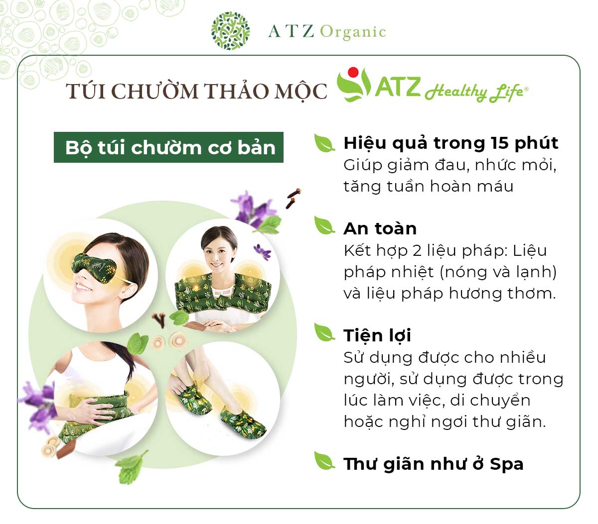 Bộ Cơ Bản 04 món Túi Chườm Thảo Mộc Nóng Lạnh ATZ Healthy Life 1