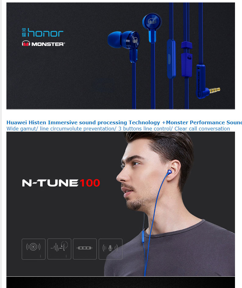 Original Huawei Honor Monster N-Tune 100 Earphone AM15 With Mic Piston Line Control In-Ear Earbud for Huawei Honor 9 Mate 8/9 P10 Headset