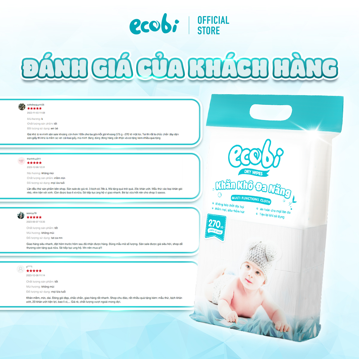 Thùng 03 túi khăn vải khô đa năng cho bé EcoWipes túi 270 tờ 345g mềm mịn dai thấm hút tốt